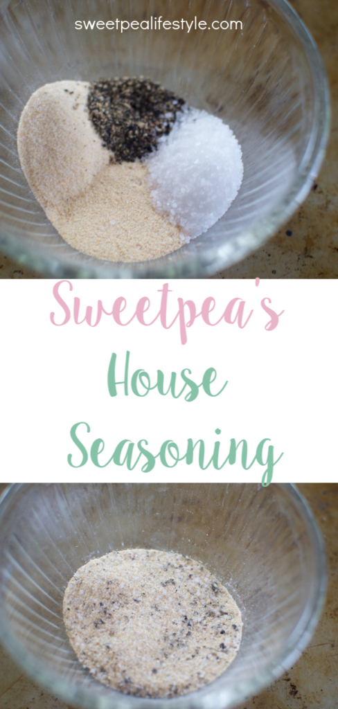 Save yourself time in the kitchen by creating your own spice blends. This house seasoning blends garlic and onion powder with salt and pepper. So simple to use on anything roasted or baked. This makes meal time so easy!