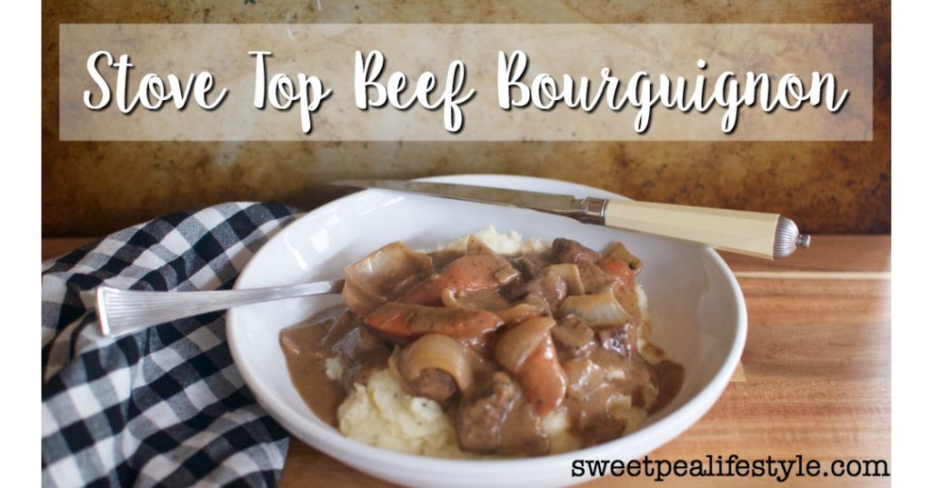 Beef Bourguignon made into a simple stove top supper, that is ready in under an hour.