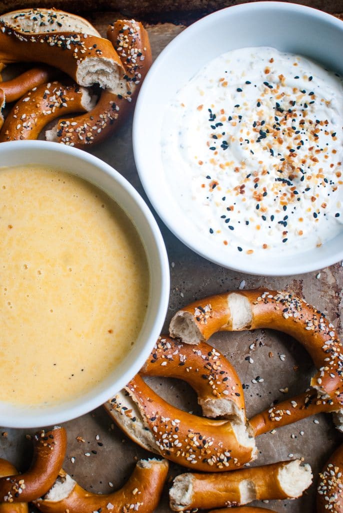 Cheese sauce and sour cream dip for soft baked pretzels