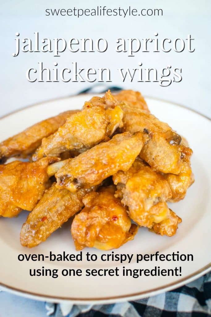 jalapeno apricot chicken wings on a plate for pinterest