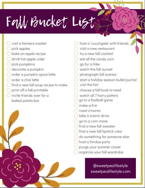 fall bucket list printable free 