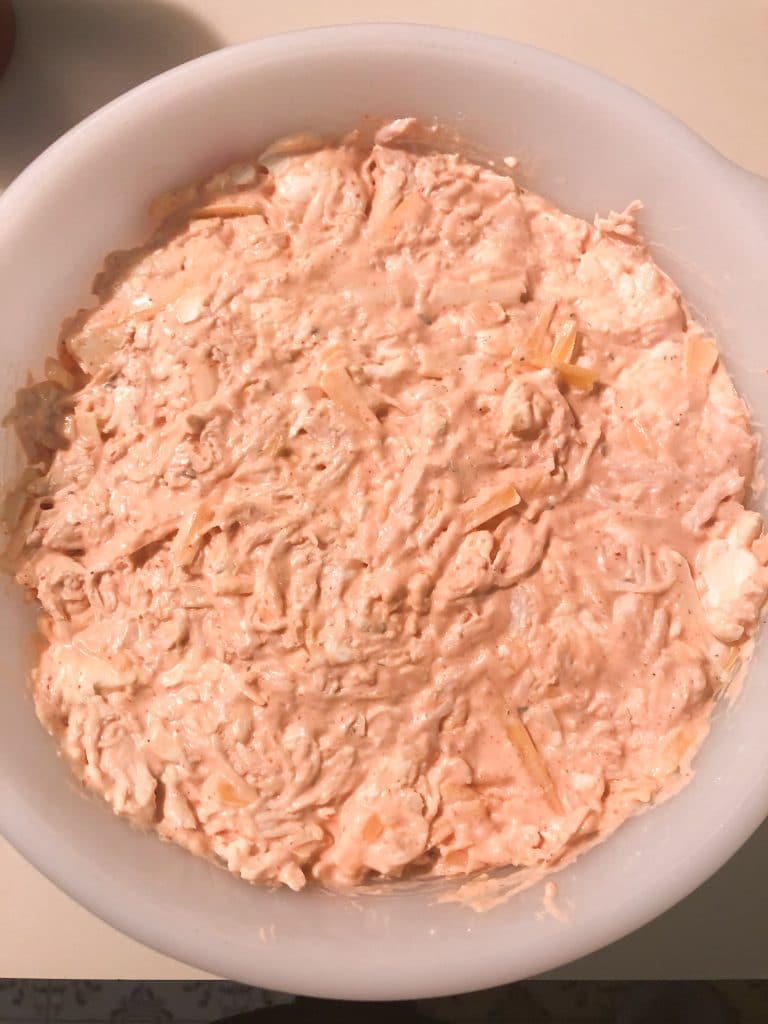 buffalo chicken dip ready to be baked