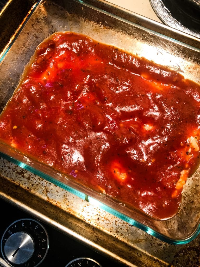 marinara sauce in a baking dish