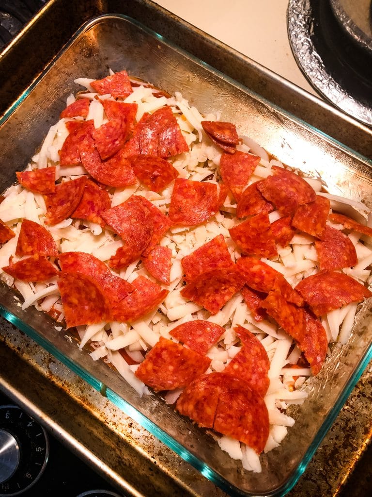 pepperoni pizza dip in a baking dish