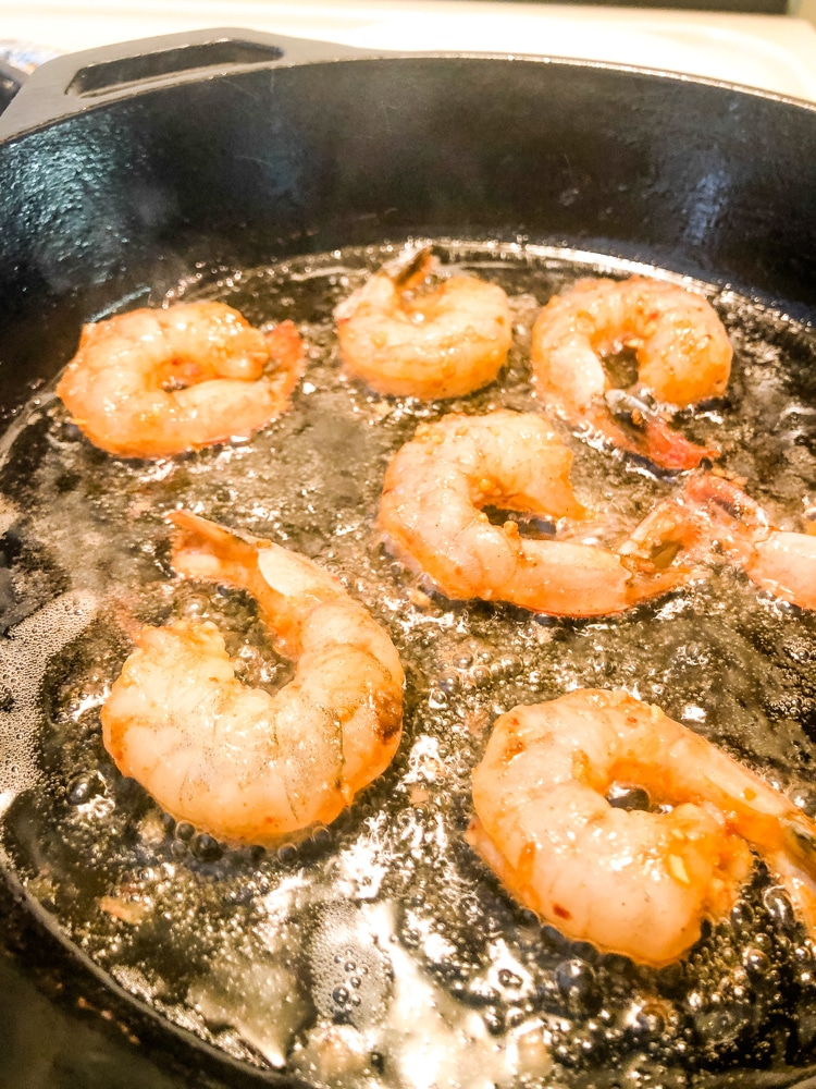 Searing shrimp in a cast iron skillet