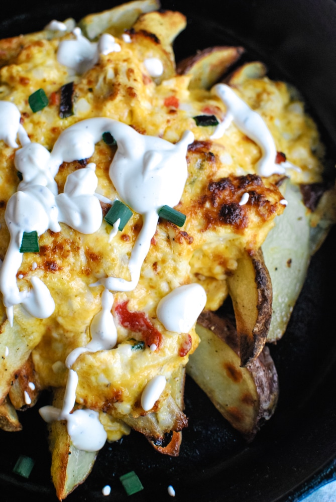 Pimento Cheese Chicken Dip Topped Potato Wedges
