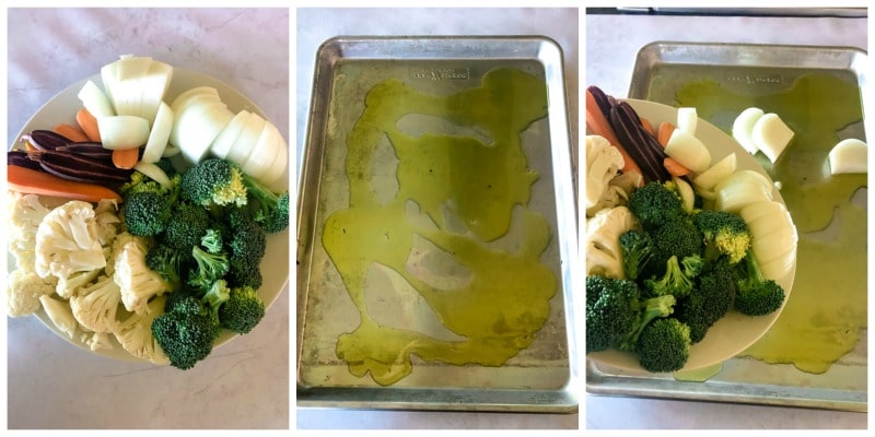 adding veggies to a sheet pan to roast