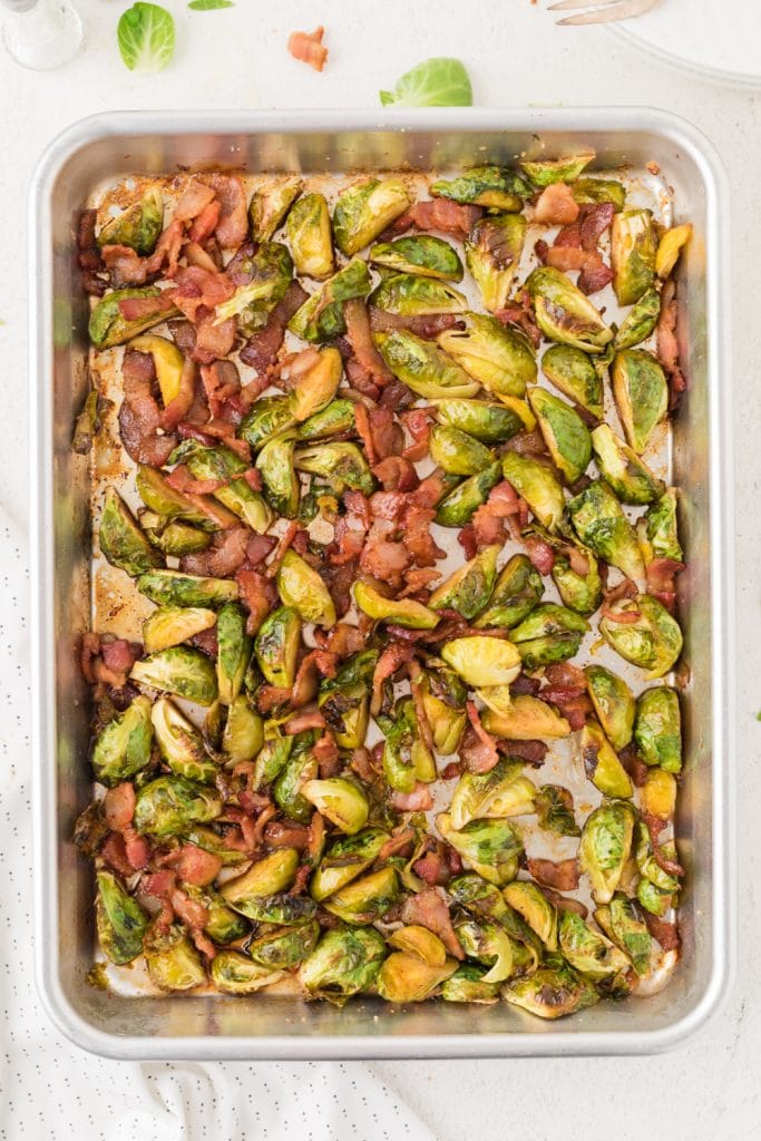 bacon and sprouts on a sheet pan