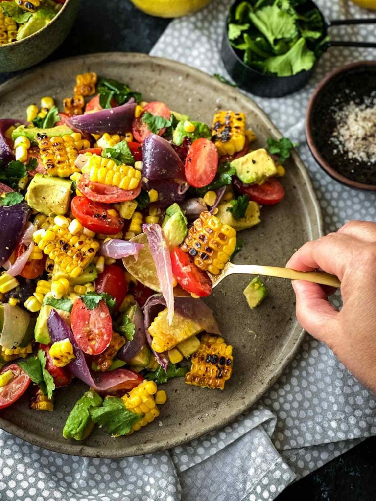 Charred Corn Avocado Salad with Roasted Red Onions