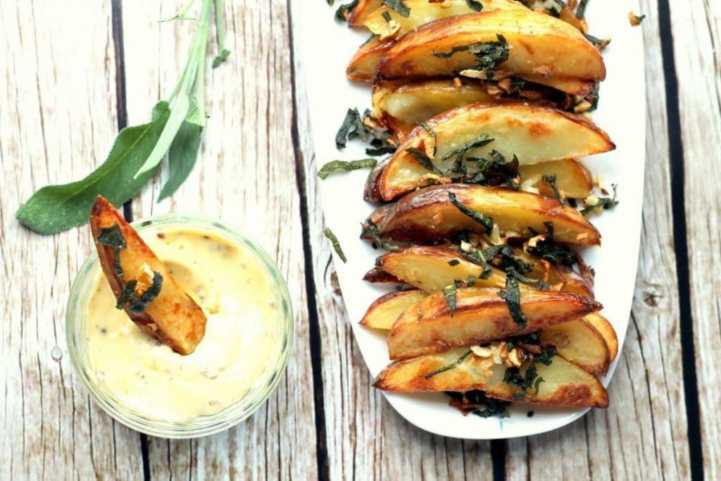 Garlic Sage Potato Wedges with Truffled Mustard Mayonnaise