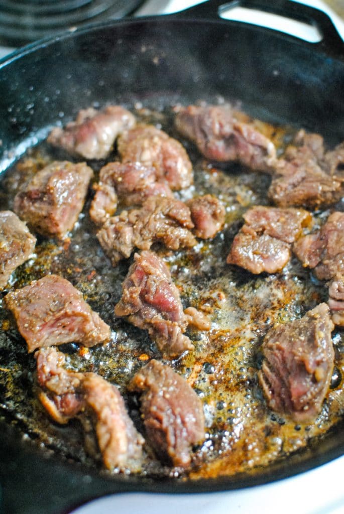 pan searing steak tips