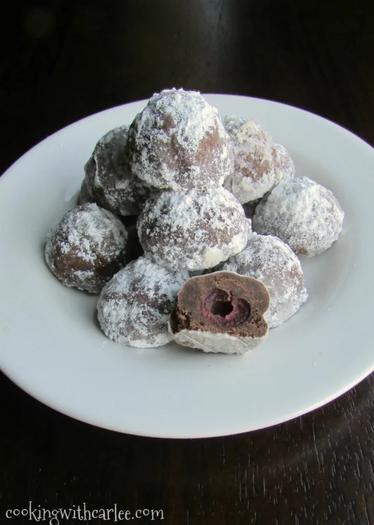 Chocolate Covered Cherry Snowball Cookies