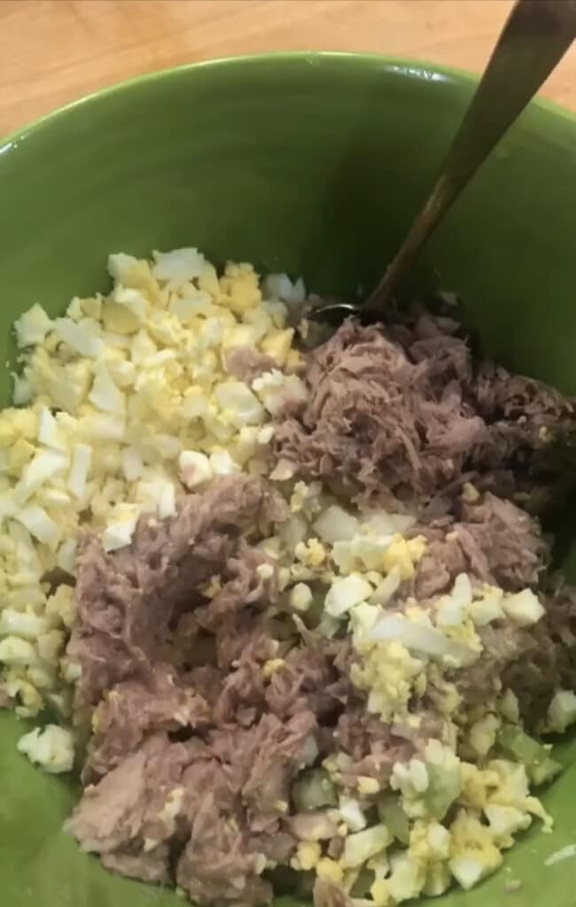 southern tuna salad ingredients in a bowl