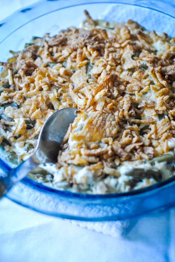 freezing green beans casserole in a baking dish