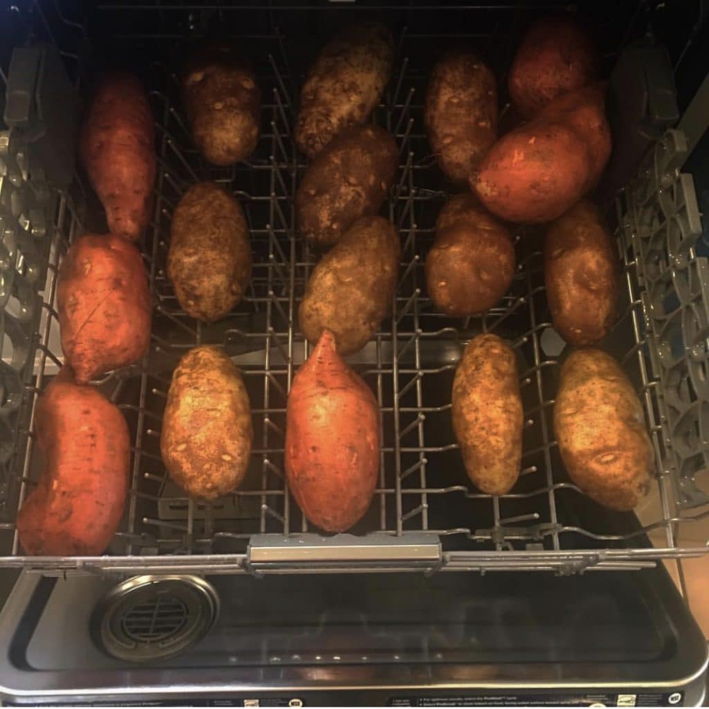 washing potatoes in a dishwasher