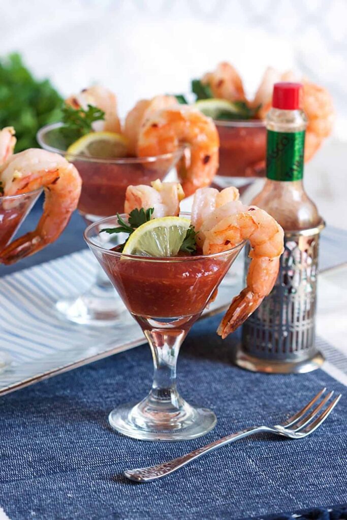 roasted shrimp cocktail in a martini glass