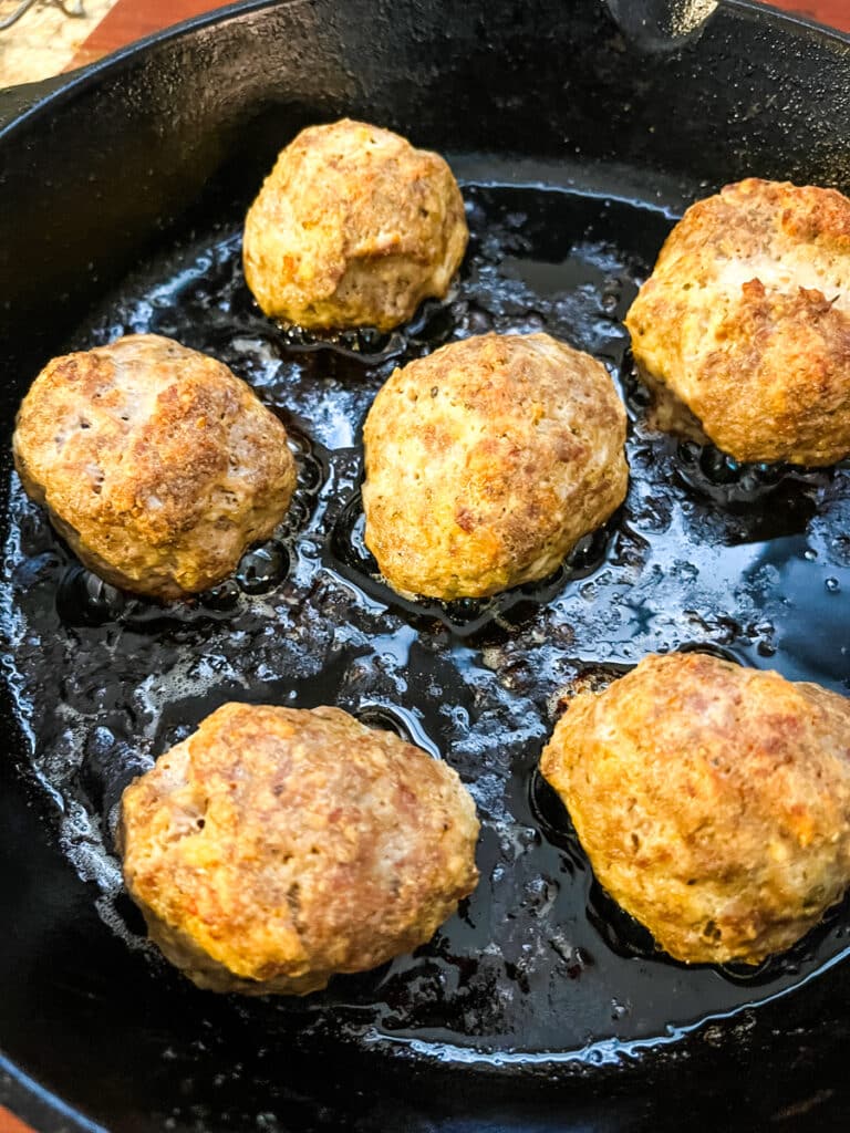 oven baked meatballs in a skillet