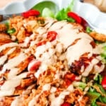 BBQ chicken chopped salad with fried onion strings and BBQ ranch dressing