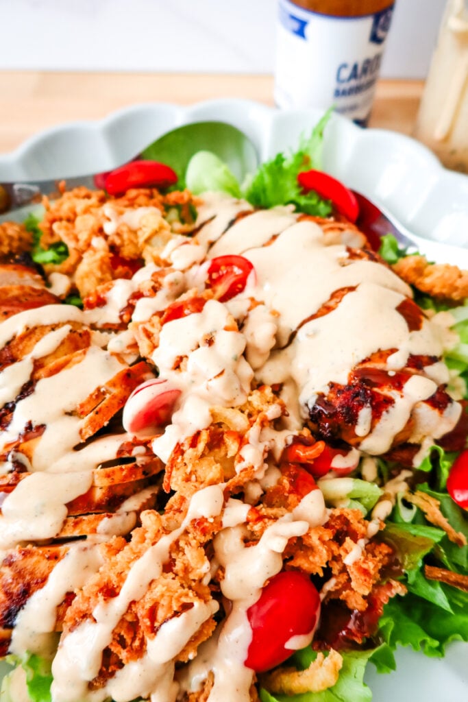 BBQ Chicken Chopped Salad with Fried Onion Strings and BBQ Ranch Dressing