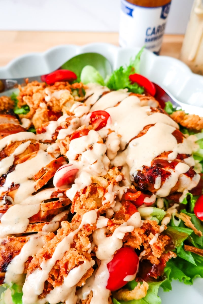 BBQ Chicken Chopped Salad with Fried Onion Strings and BBQ Ranch