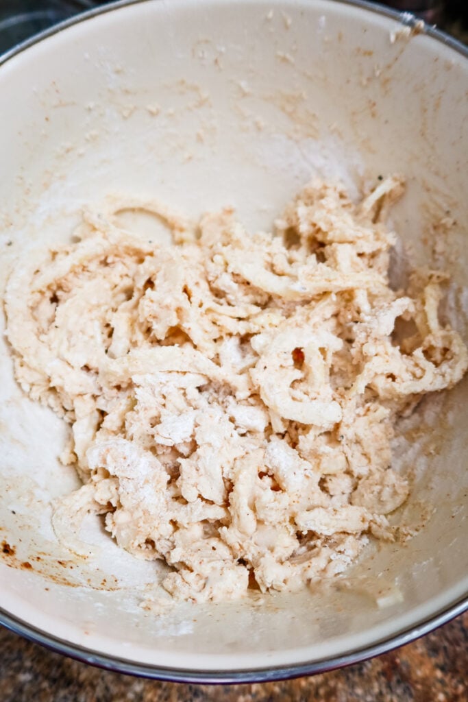 onion strings ready to be fried
