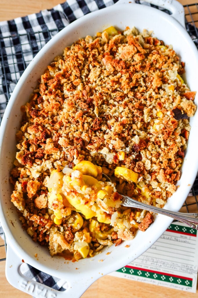 Sunshine Casserole in a pan ready to freeze for later meals.