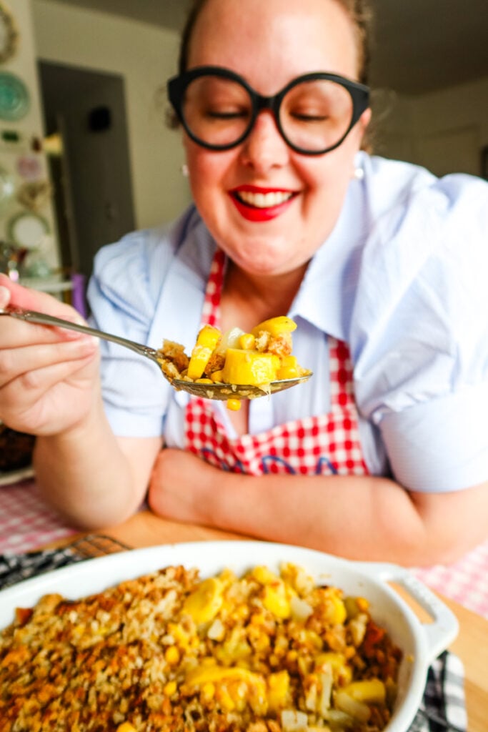 sunshine swuash casserole with dressing topping