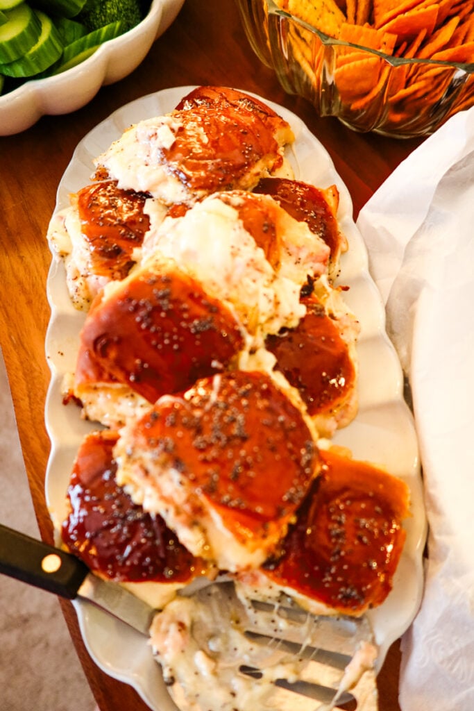 Swiss onion dip slider with ham on a plate