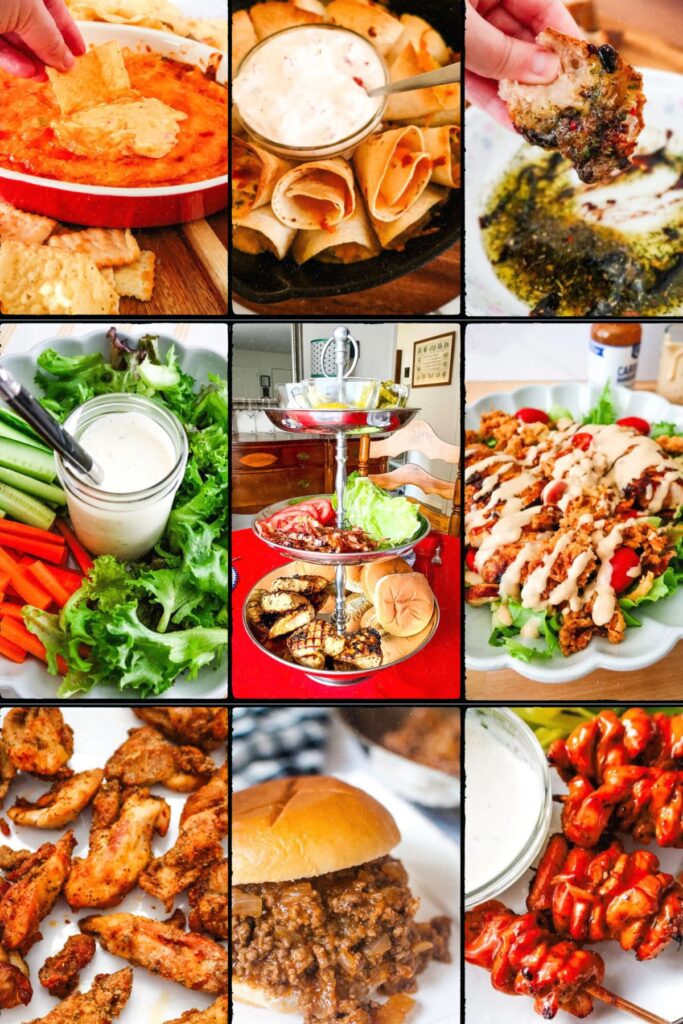 A collage of 12 easy game day grub recipes including dips, chicken, sandwiches, and appetizers perfect for football watch parties