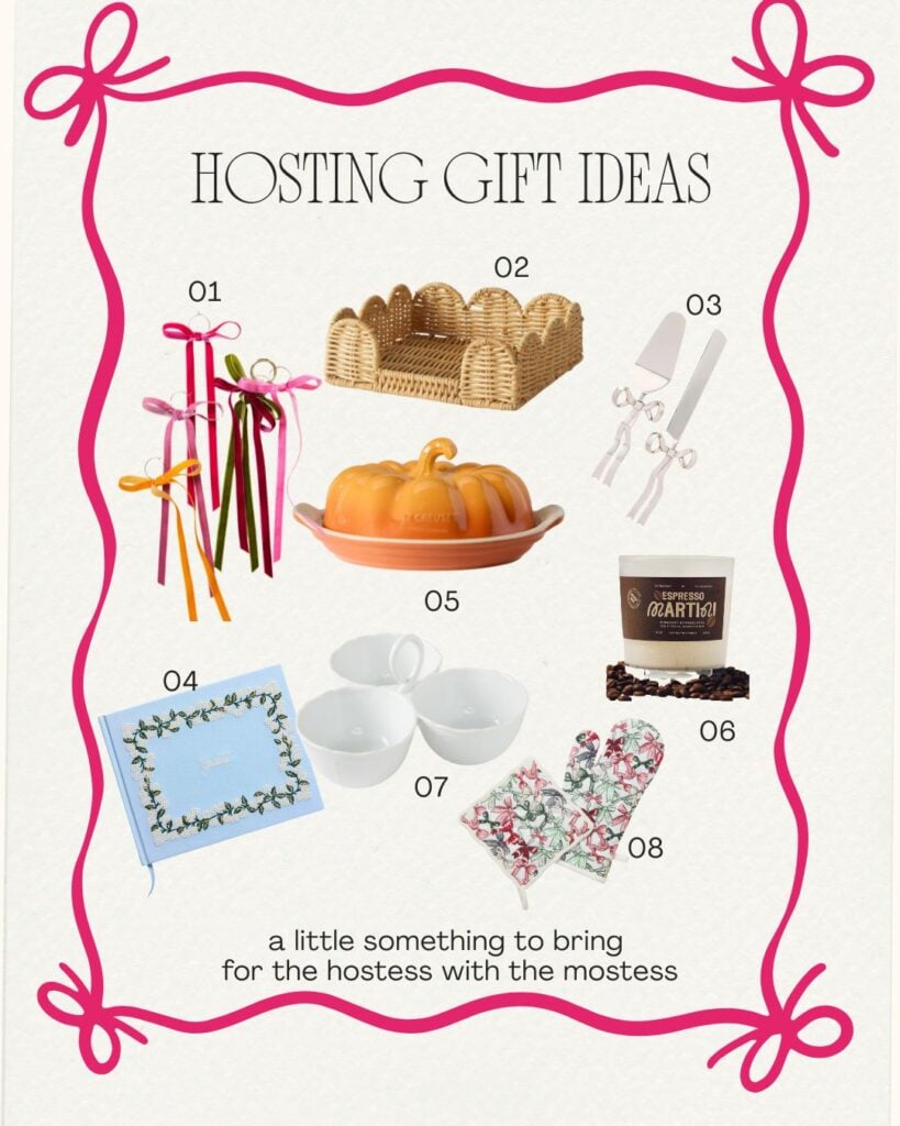 A collage of eight stylish hostess gifts including ribbon drink charms, rattan napkin caddy, cake server set, guest book, pumpkin butter dish, espresso candle, triple serving bowl, and pot holder set.