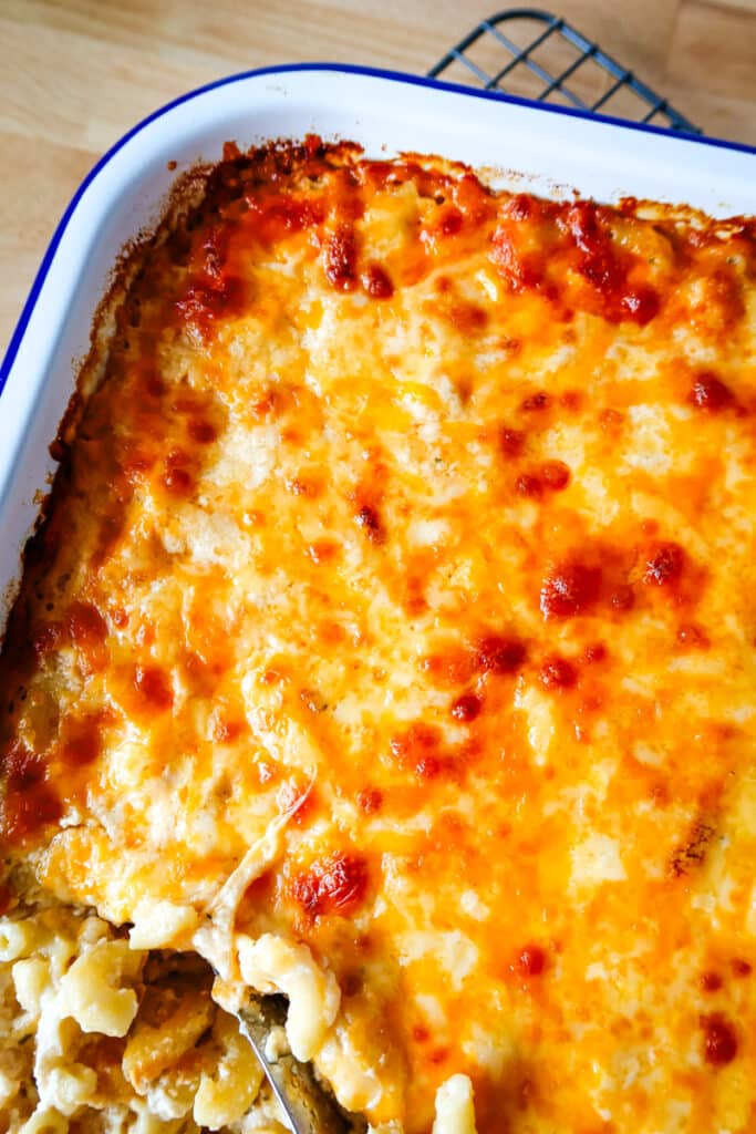 A hot baked macaroni and cheese casserole with a perfectly browned, bubbly cheese topping.