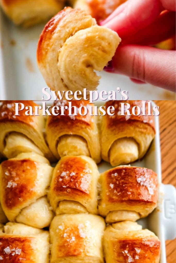 Top-down view of golden Parkerhouse rolls baked closely together in a white pan.