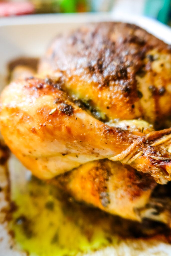 Close-up of Thanksgiving Butternaise Chicken showing golden skin, juicy meat, and herbs.