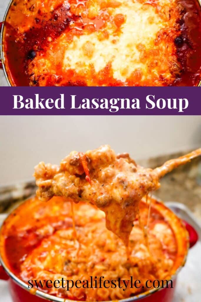 A bowl of baked lasagna soup made with bolognese sauce, radiatori pasta, ricotta, and melted mozzarella, finished under the broiler until golden and bubbly.