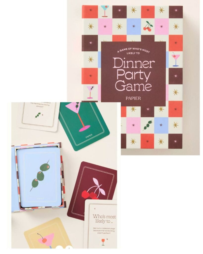 Colorful dinner party card game box with illustrated cards laid out on a table