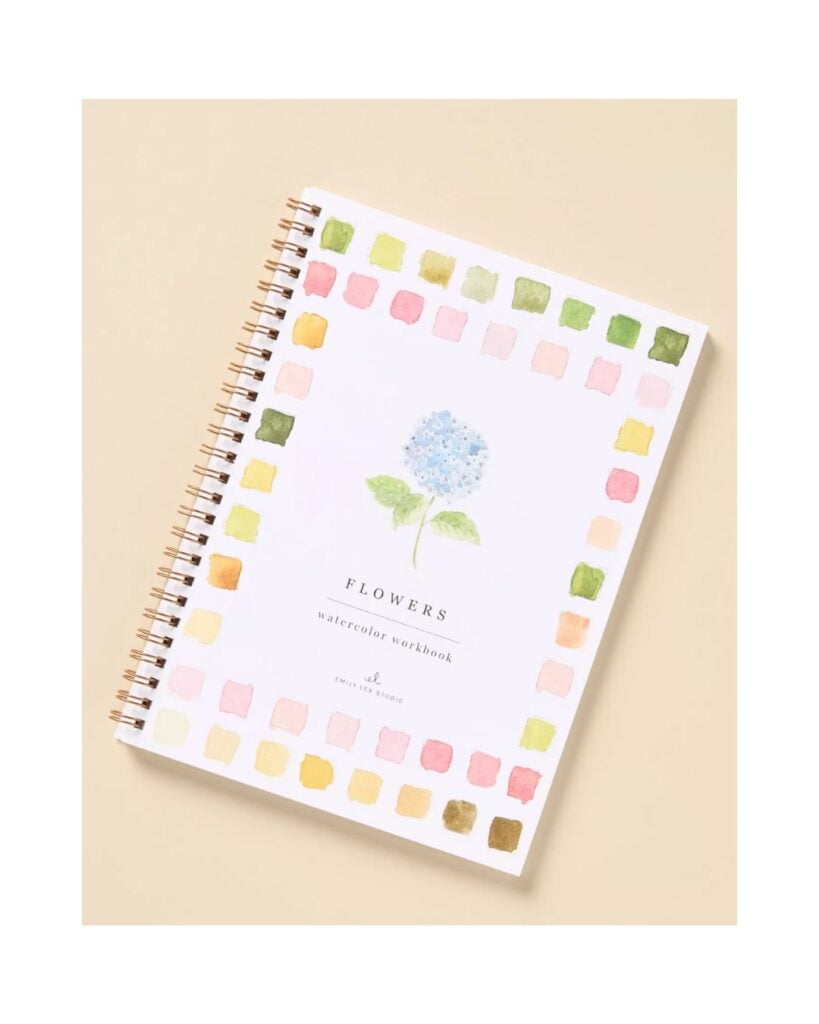 Emily Lex watercolor workbook with floral cover and painted color swatches