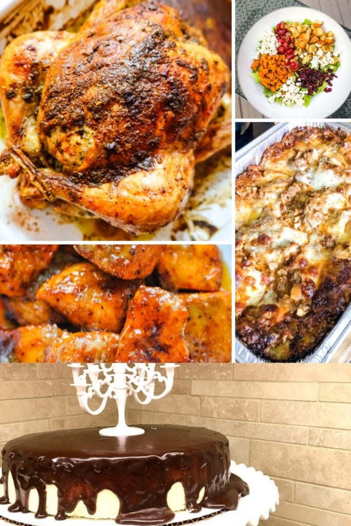 Collage of easy dinner party recipes including roast chicken, baked pasta, sheet pan salmon salad, roasted potatoes, and chocolate cake for stress-free hosting.