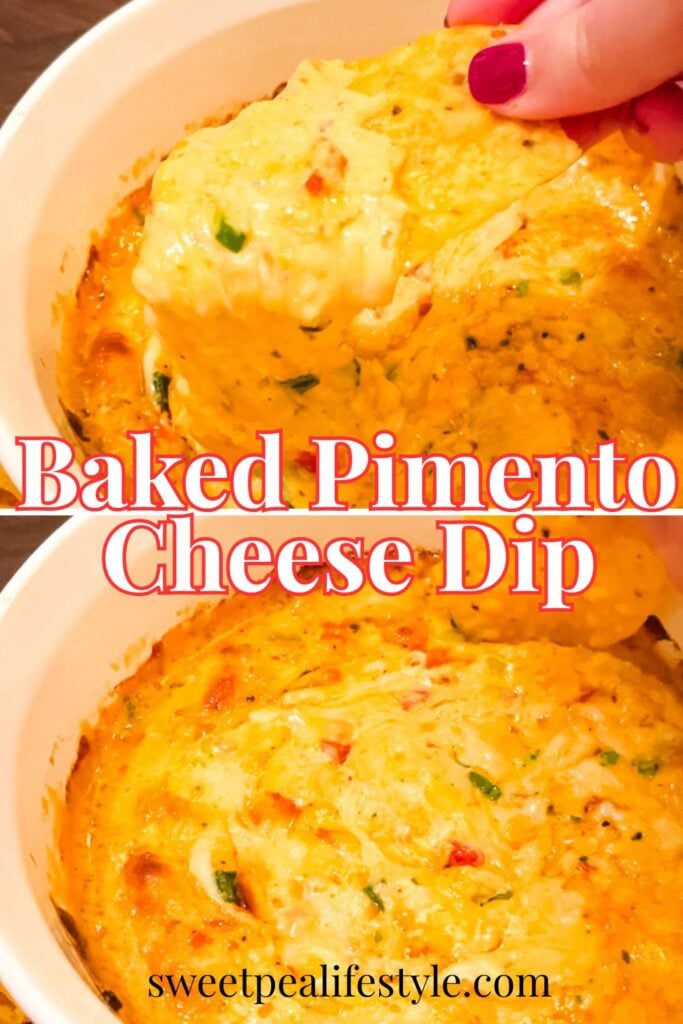 Pinterest pin graphic showing baked pimento cheese dip with melted cheese and tortilla chip scoop