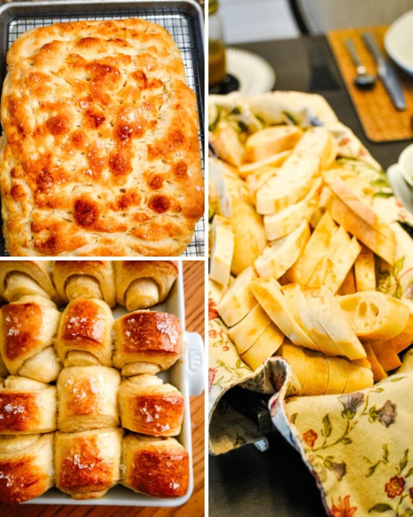 Collage of bread ideas for Dippy Dinner including golden homemade focaccia, soft baked dinner rolls, and sliced crusty baguette ready for dipping into sauces.