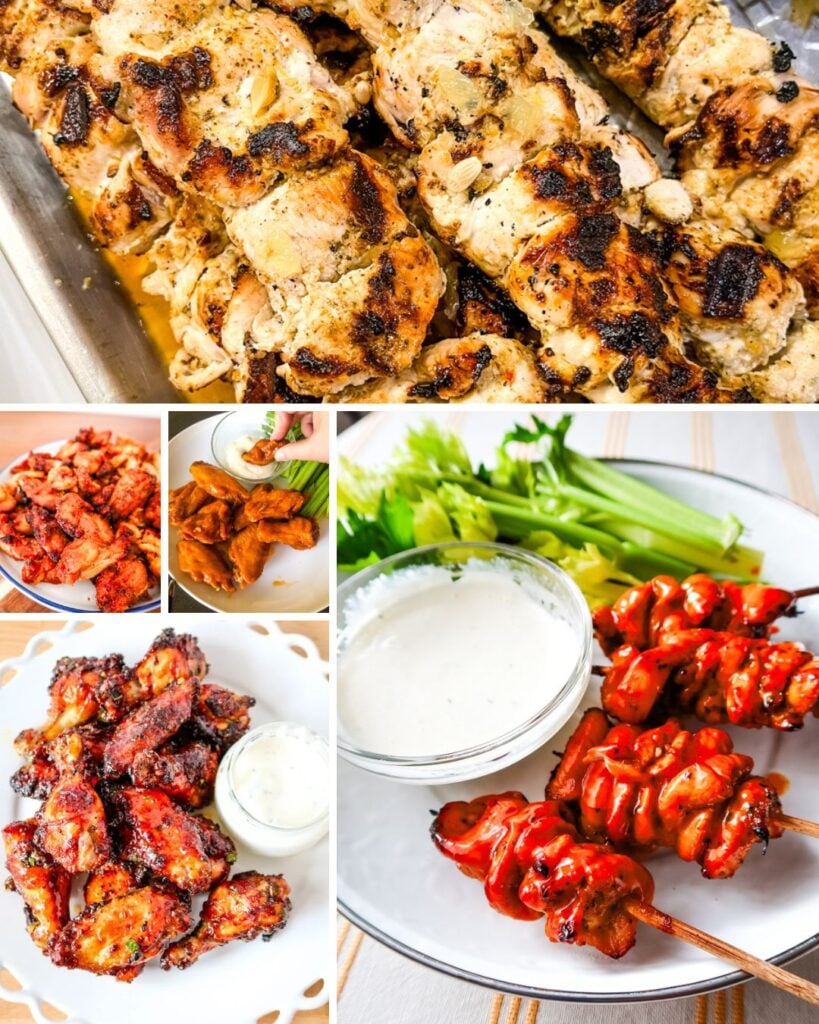 Collage of chicken ideas for Dippy Dinner including grilled chicken, crispy chicken wings, buffalo chicken wings with ranch, and saucy chicken skewers served with celery and creamy dipping sauce.