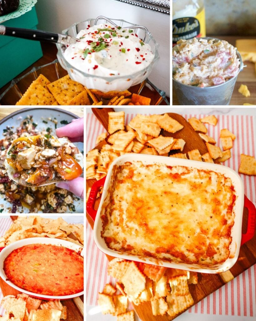 Collage of easy dip recipes for Dippy Dinner including creamy ranch-style dip, cheesy dips, warm baked dip, and savory cheese dips served with crackers and chips.