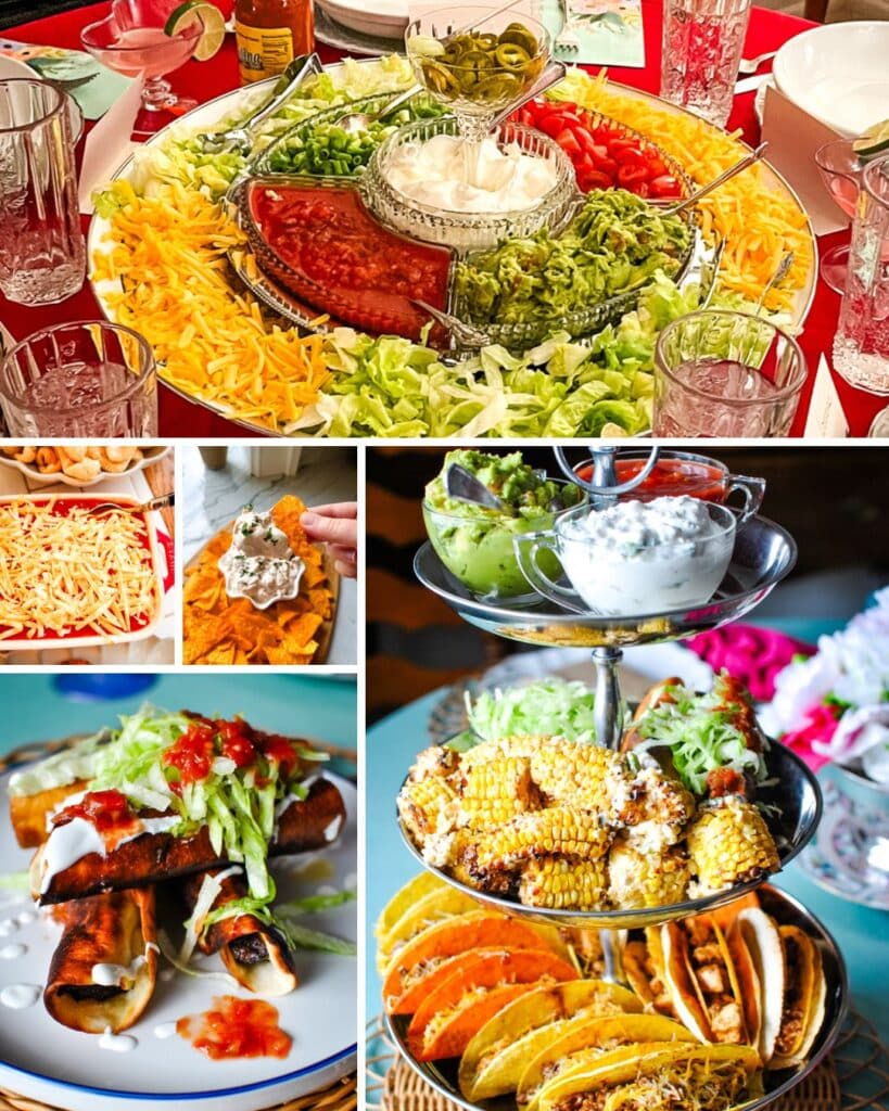 Colorful taco dinner spread with tacos, grilled corn, lettuce, shredded cheese, tomatoes, jalapeños, guacamole, salsa, and sour cream arranged for serving.